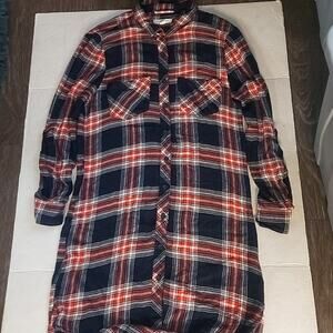 BeachLunchLounge Plaid High Low Long Sleeve Shirt/Dress S Beach Coverup Academia